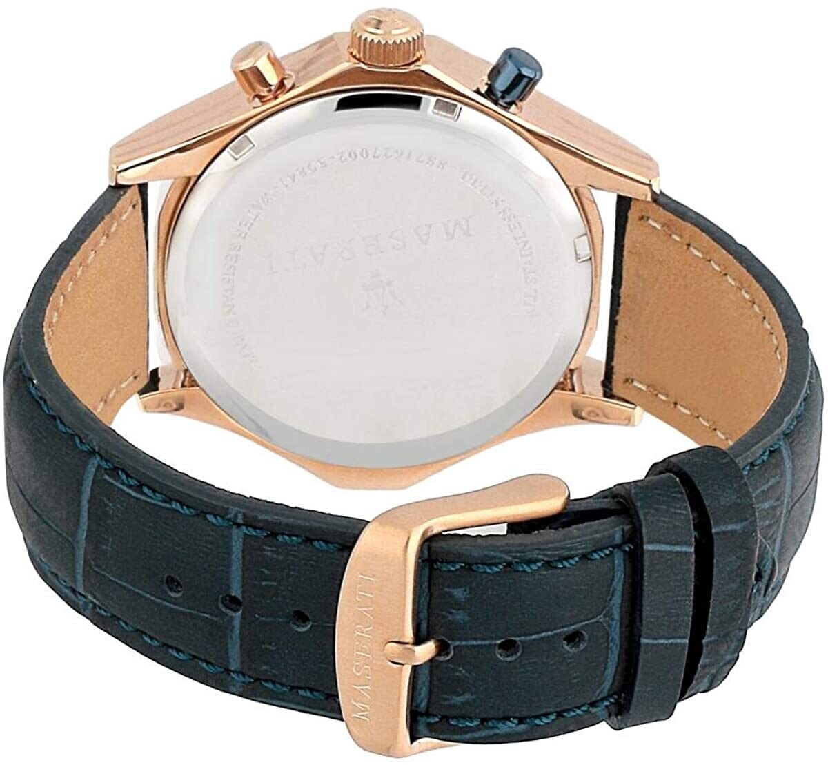 Maserati Circuito caseback showing engraved watch details and rose gold case