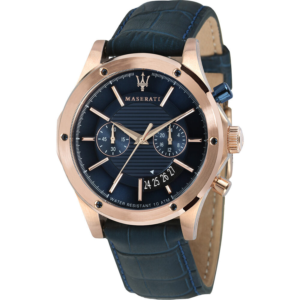 Maserati Circuito blue dial chronograph watch with rose gold case and blue leather strap