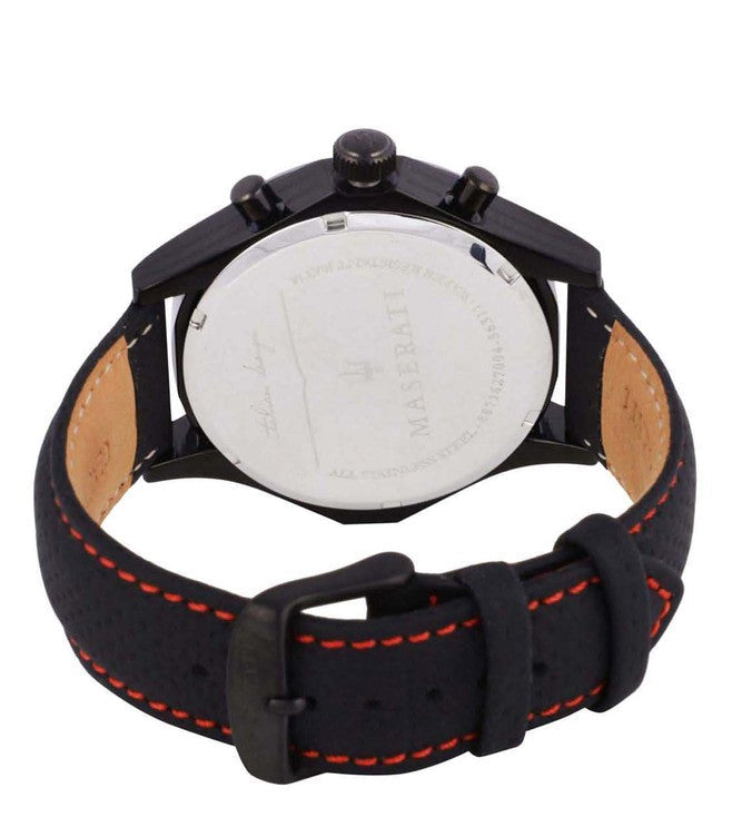 Maserati Circuito watch caseback showing stainless steel with brown leather cushioning