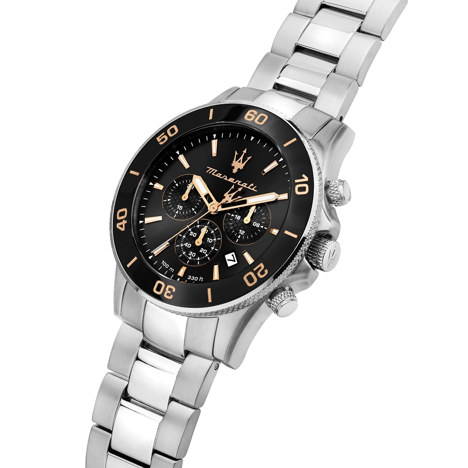 Angled view of Maserati Competizione diver watch with chronograph subdials and rotating bezel