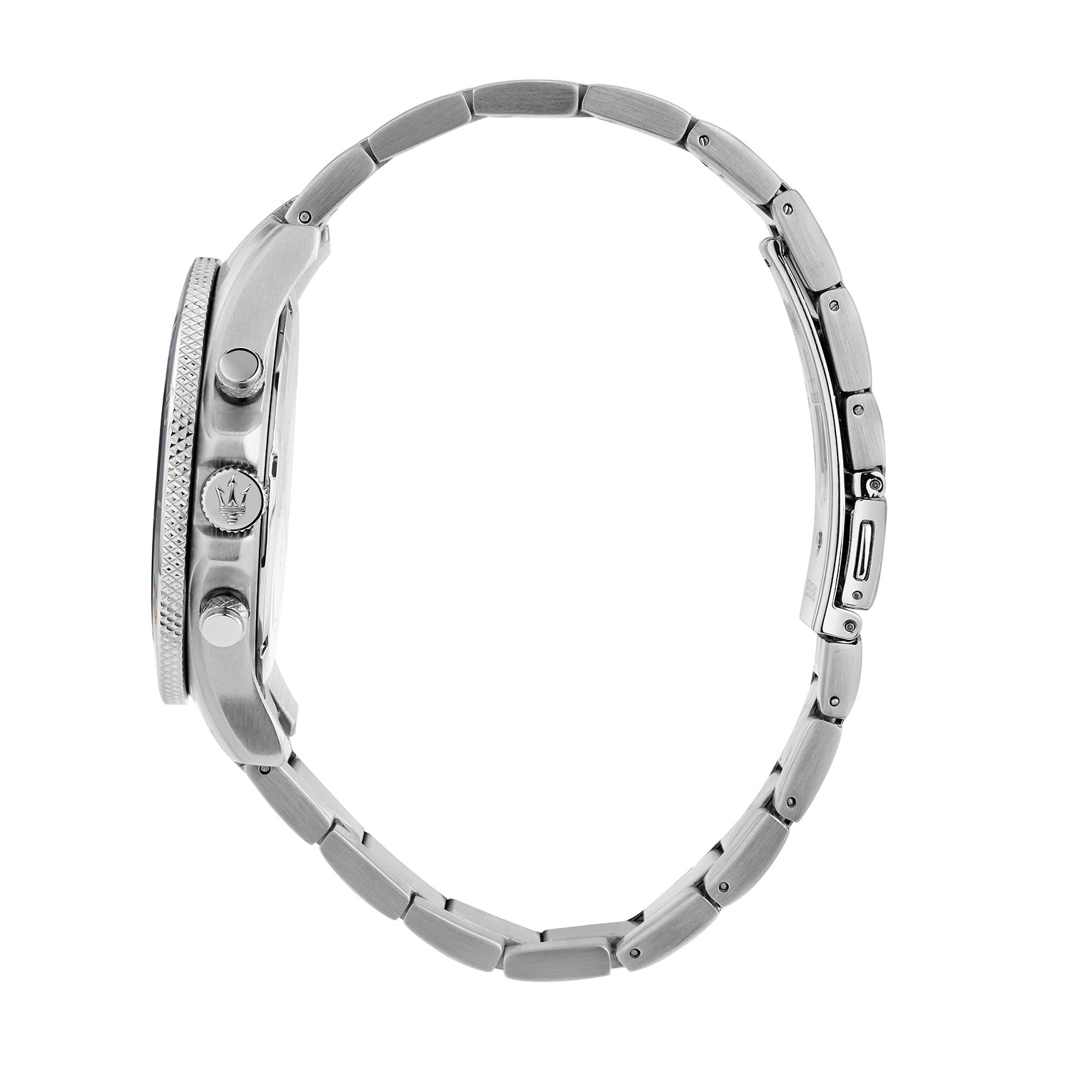 Side profile view of Maserati Competizione chronograph watch showing case thickness and bracelet links