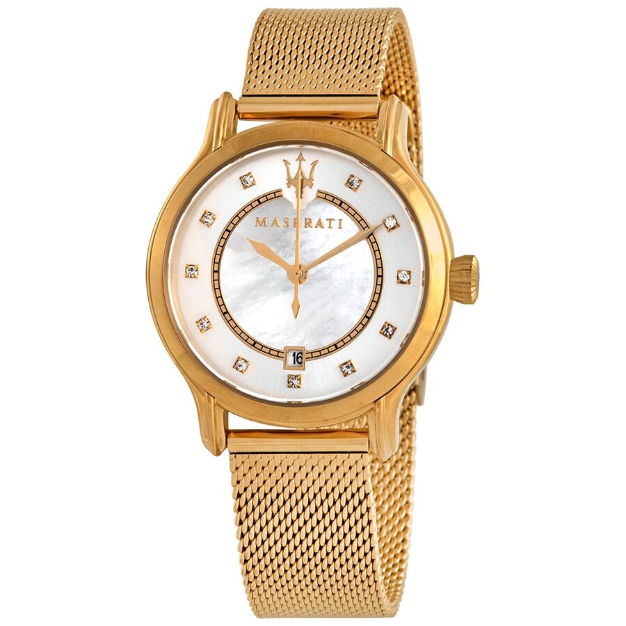 Maserati Epoca ladies watch with gold case, mother-of-pearl dial, diamond markers, and mesh strap