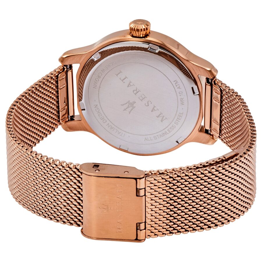 Caseback view of Maserati Epoca ladies watch displaying rose gold case and mesh bracelet attachment