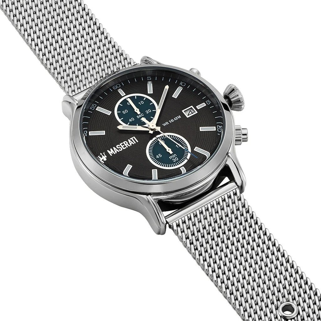 Maserati Epoca watch at angle showing black dial with blue subdials and chronograph pushers
