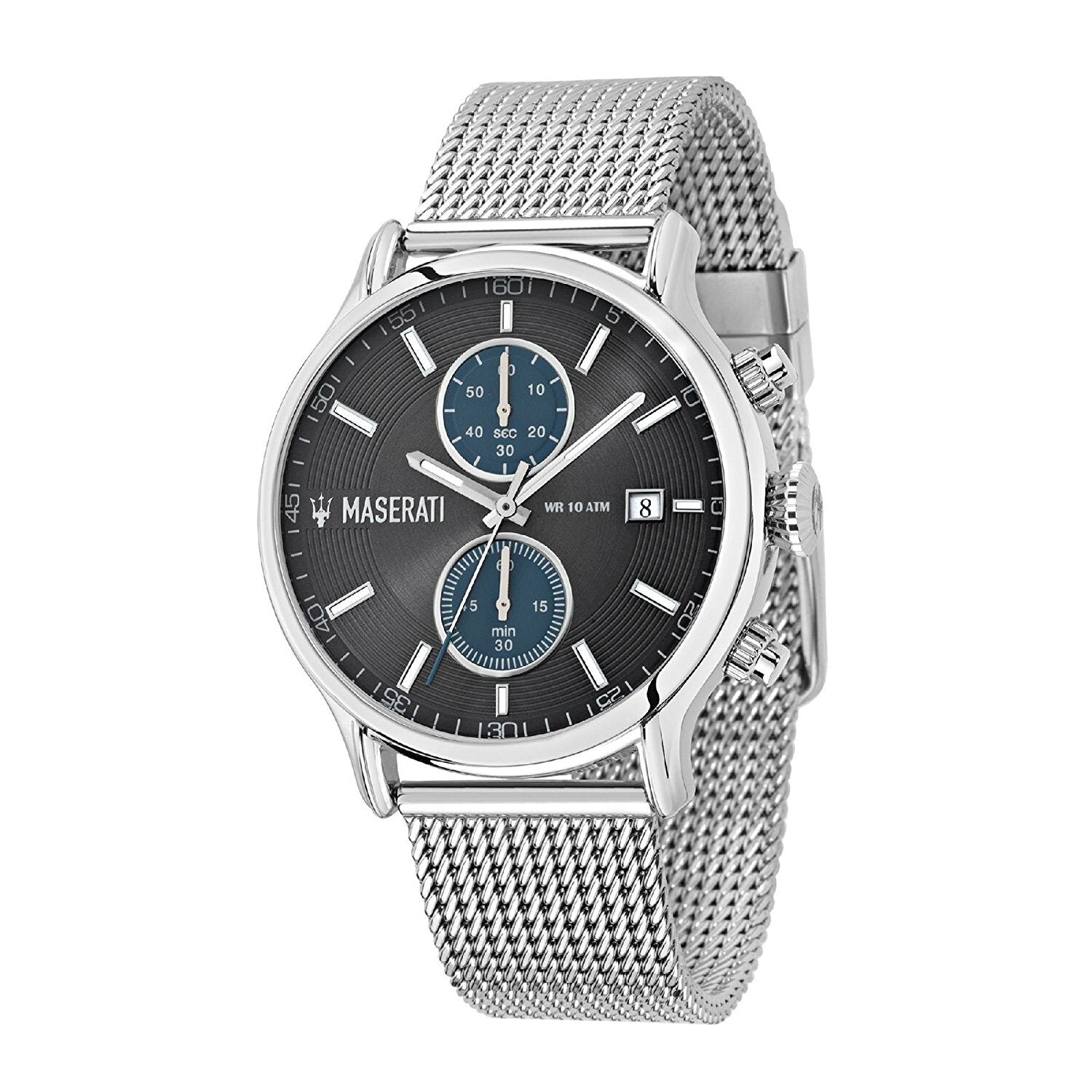Maserati Epoca chronograph men's watch with grey/blue dial and stainless steel mesh strap