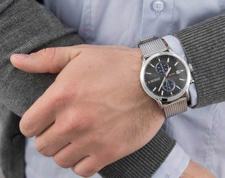 Maserati Epoca chronograph watch worn on wrist with stainless steel mesh band