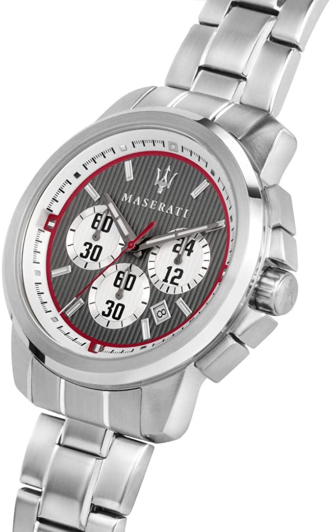 Maserati Polo chronograph watch angled view showing gray dial with red accents and subdials