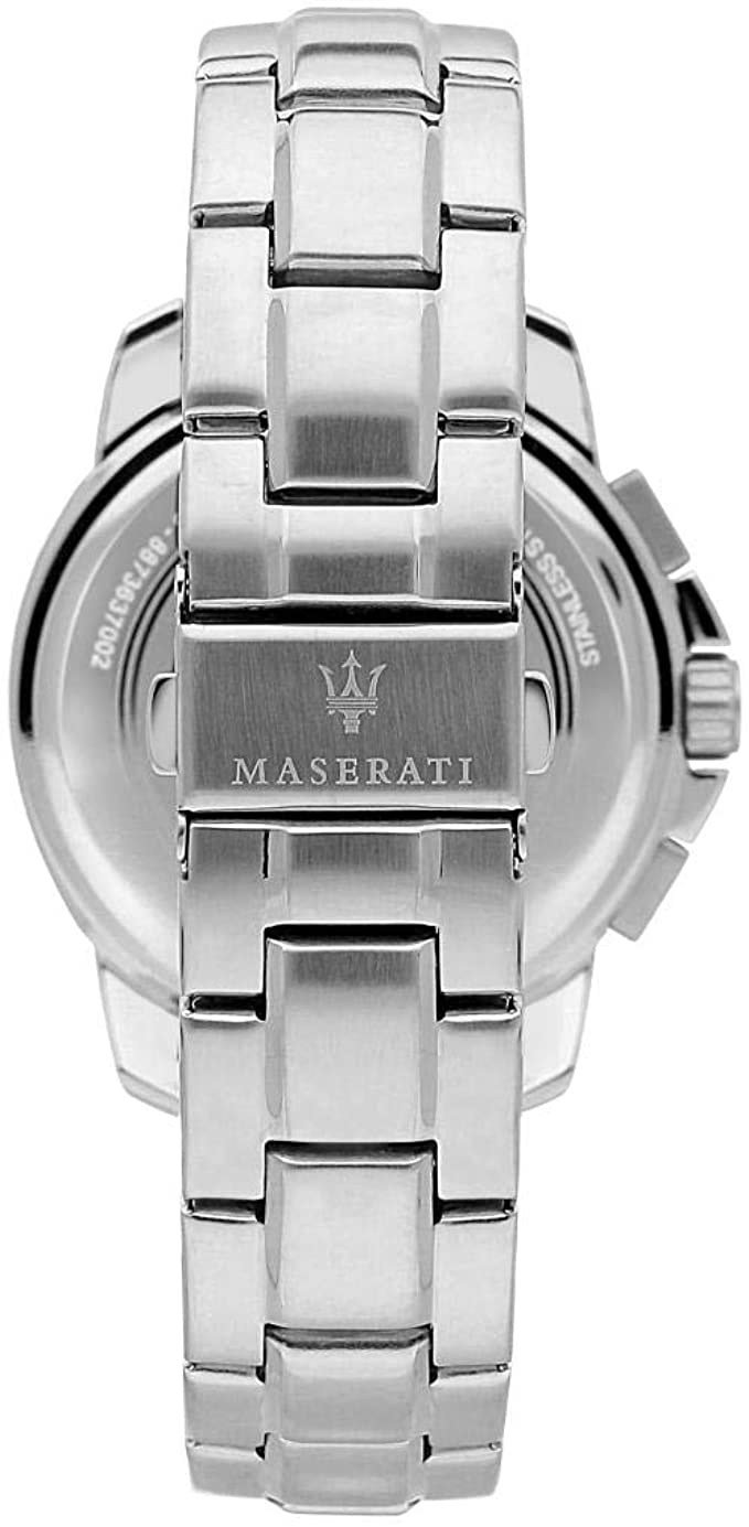 Maserati Polo watch caseback with stainless steel link bracelet and engraved Maserati logo