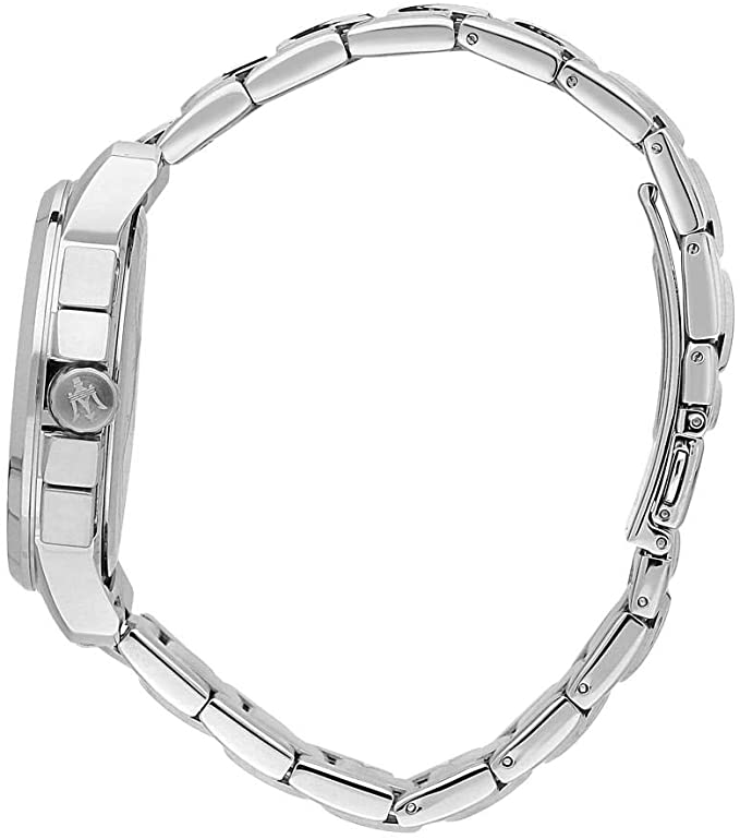 Maserati Polo watch side view showing stainless steel three-link bracelet and case profile