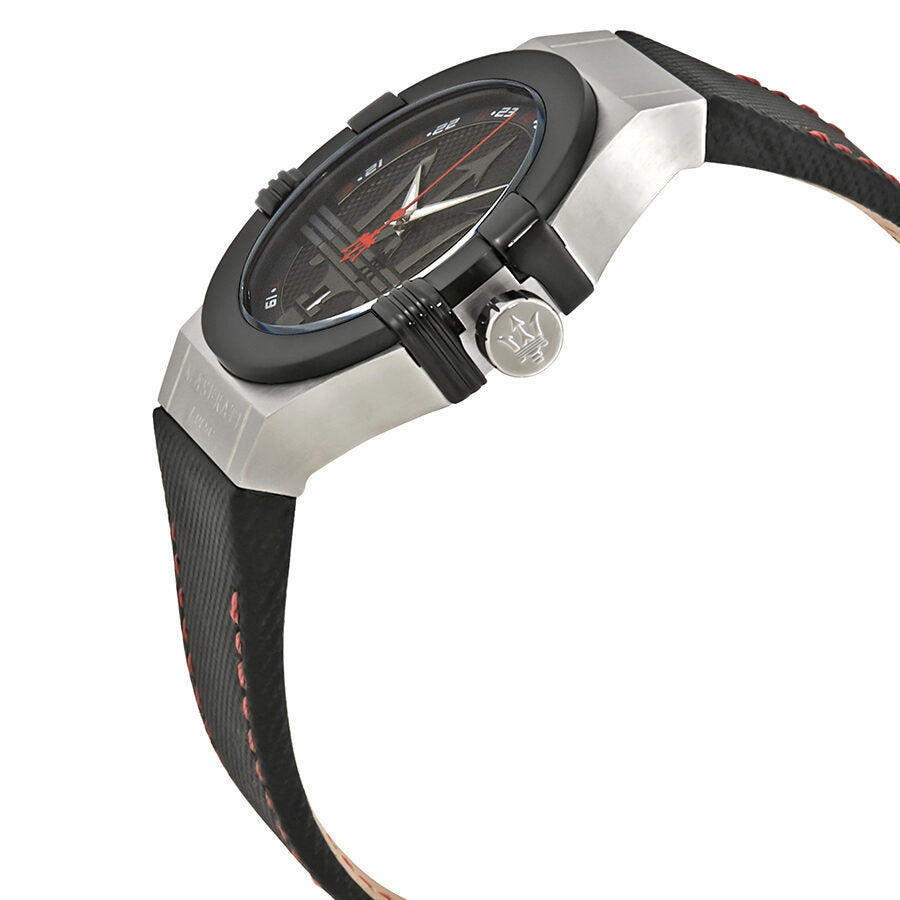Maserati Potenza watch side view showing stainless steel case and black leather strap