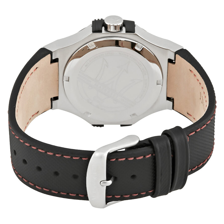 Maserati Potenza watch caseback with stainless steel and black leather strap visible