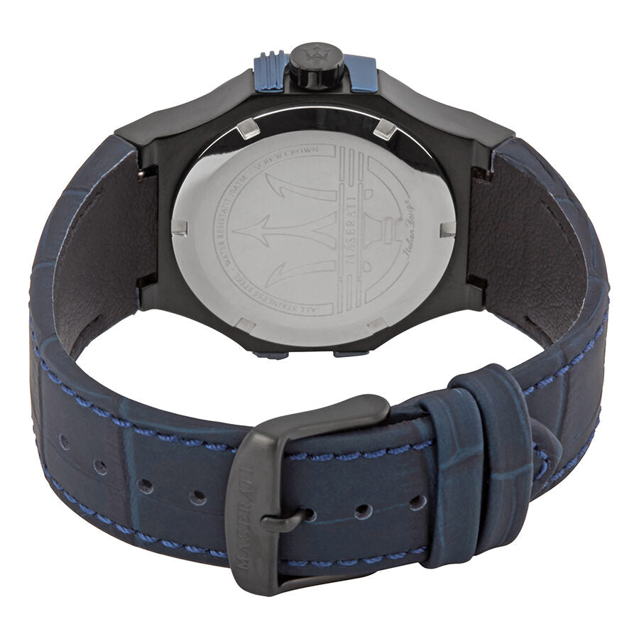Maserati Potenza watch caseback showing silver engraved case and blue leather strap