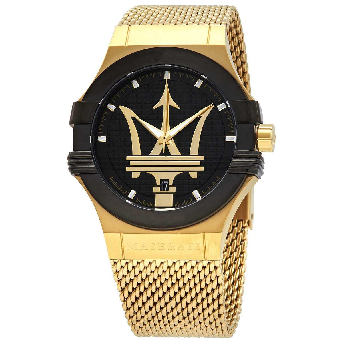 Maserati Potenza quartz men's watch with black dial, golden Trident logo, and gold mesh bracelet