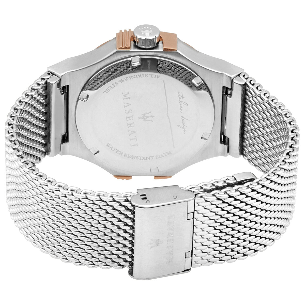 Back view of Maserati Potenza watch showing stainless steel caseback with engraved details and rose gold crown
