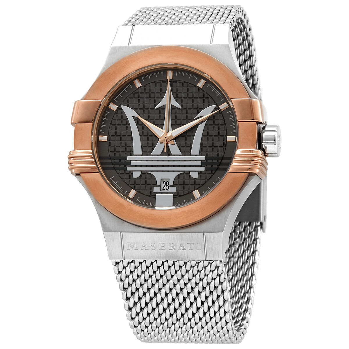 Maserati Potenza quartz watch with dark grey dial, rose gold bezel, trident logo, and steel mesh bracelet