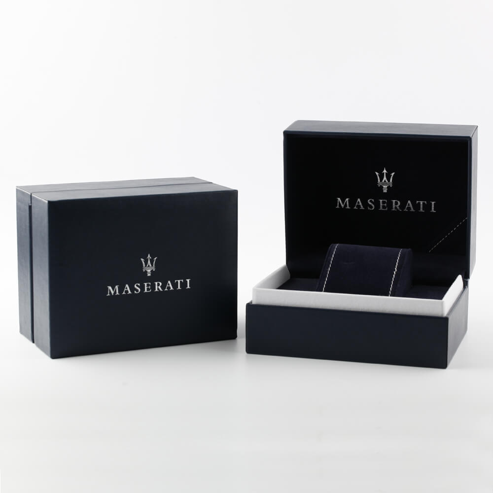 Maserati watch packaging with black box and branded presentation case