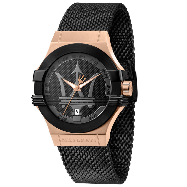 Maserati Potenza men's watch with black dial, rose gold case, and black mesh bracelet