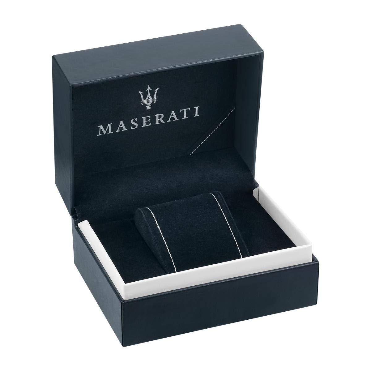Maserati watch presentation box in navy blue with white trim and logo