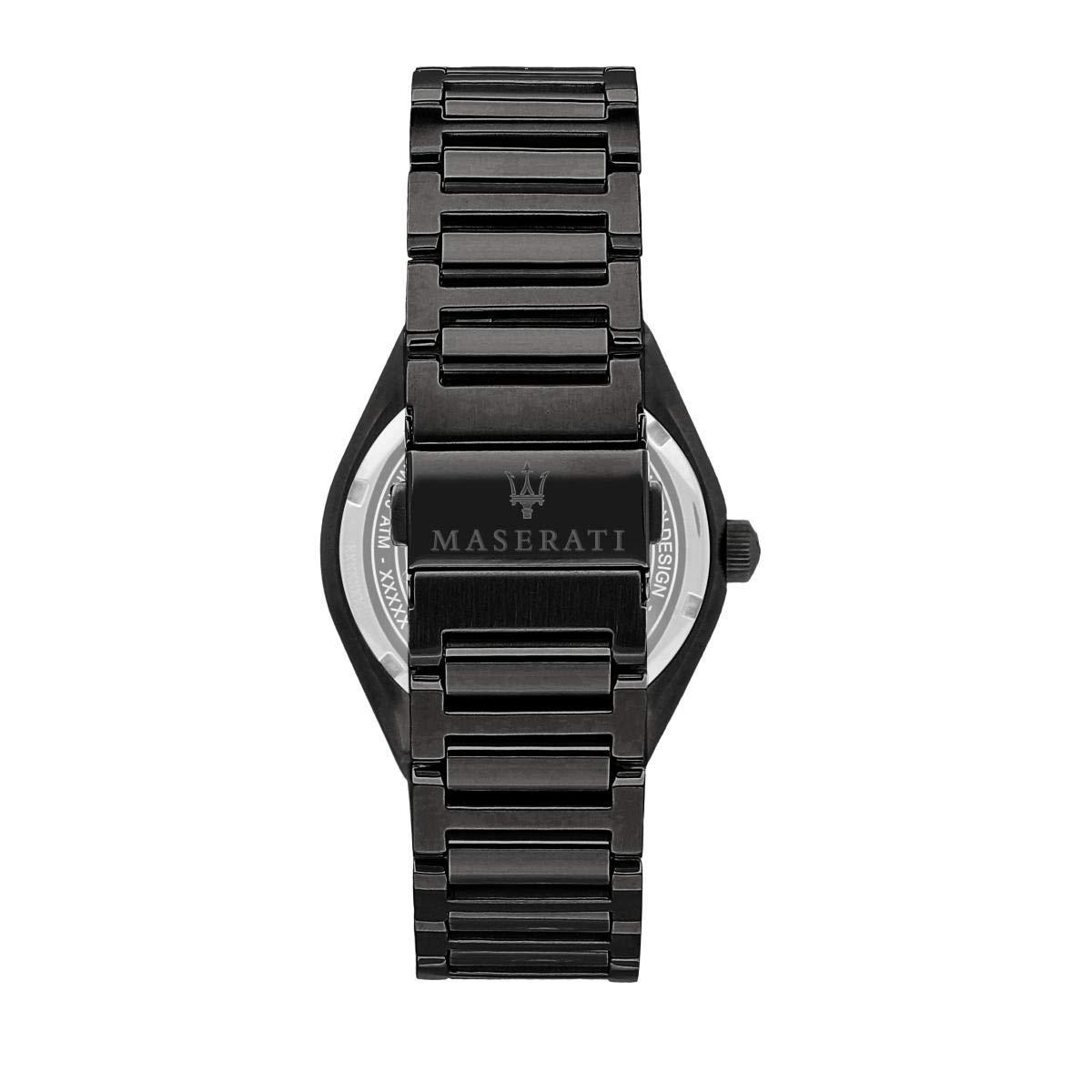 Caseback view of Maserati watch displaying stainless steel case back