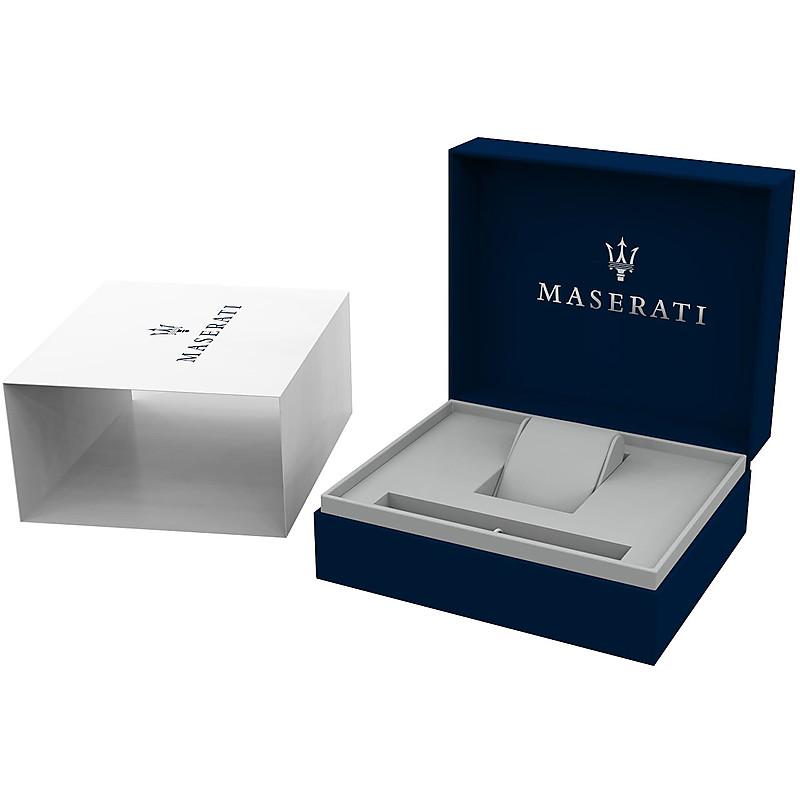 Maserati Ricordo watch presentation box with navy blue exterior and gray interior compartments