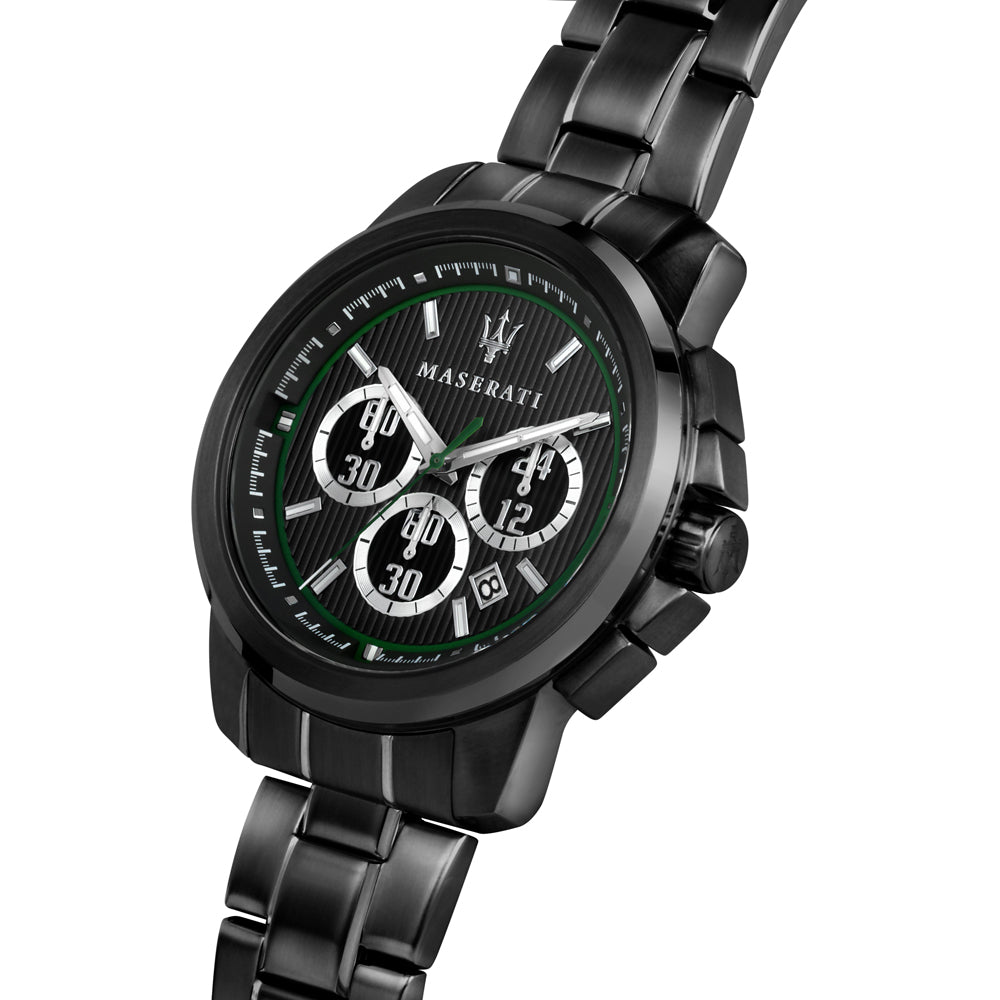 Maserati Royale black chronograph watch at angle showing dial and bracelet