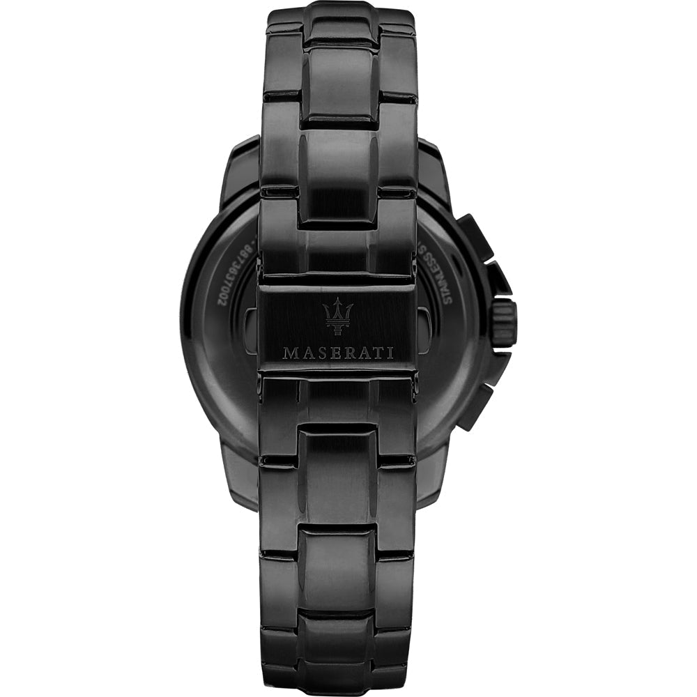 Maserati Royale watch caseback with Maserati logo and black stainless steel