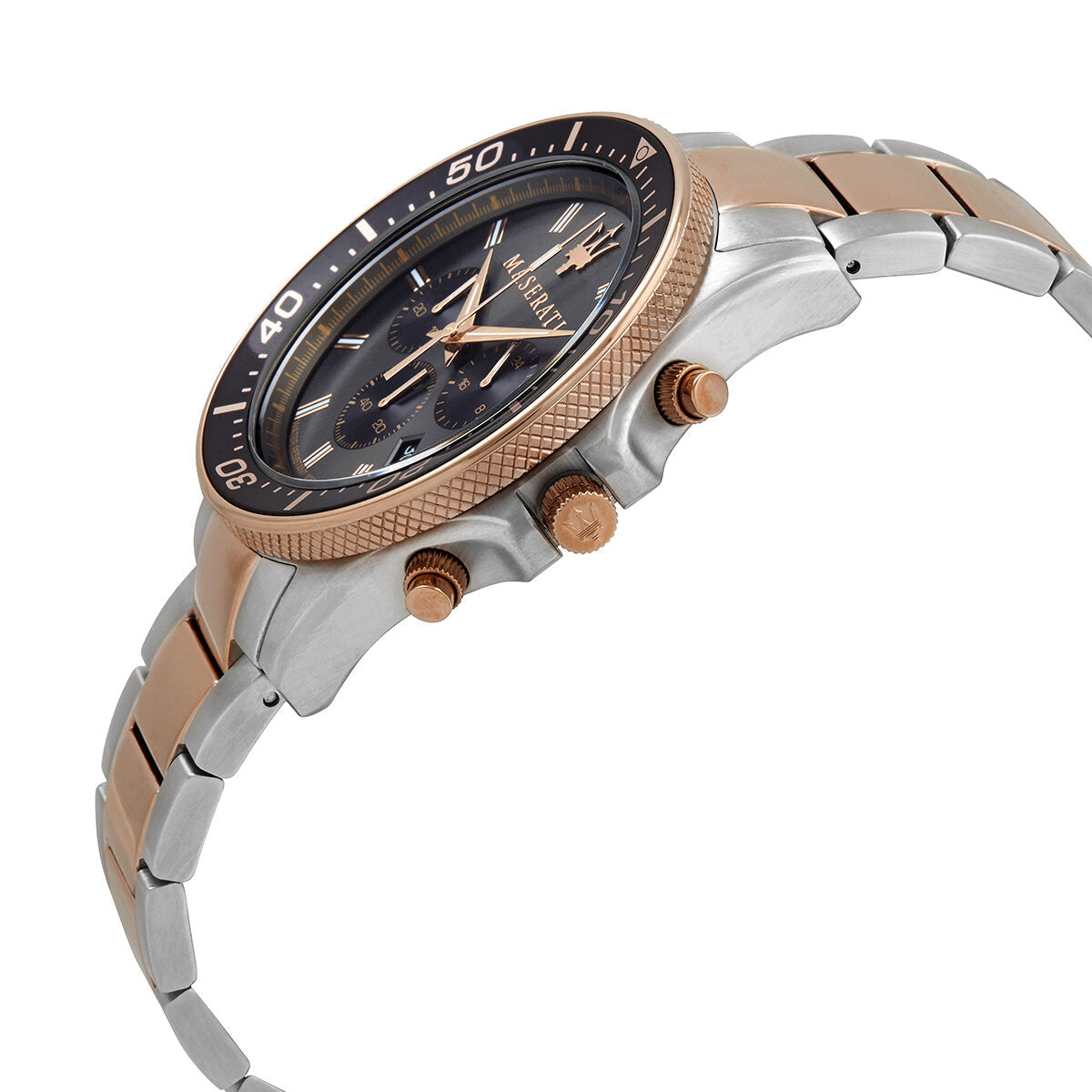 Side angle view of Maserati Sfida chronograph showing rose gold bezel, case, and two-tone bracelet