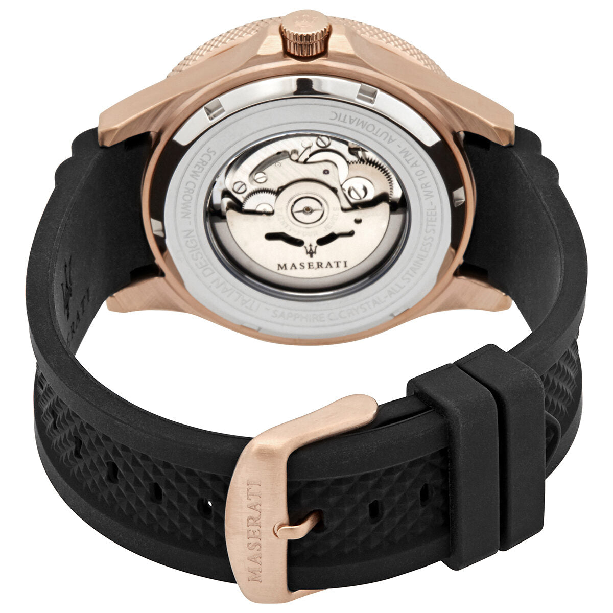 Maserati Sfida caseback showing automatic movement and Maserati branding