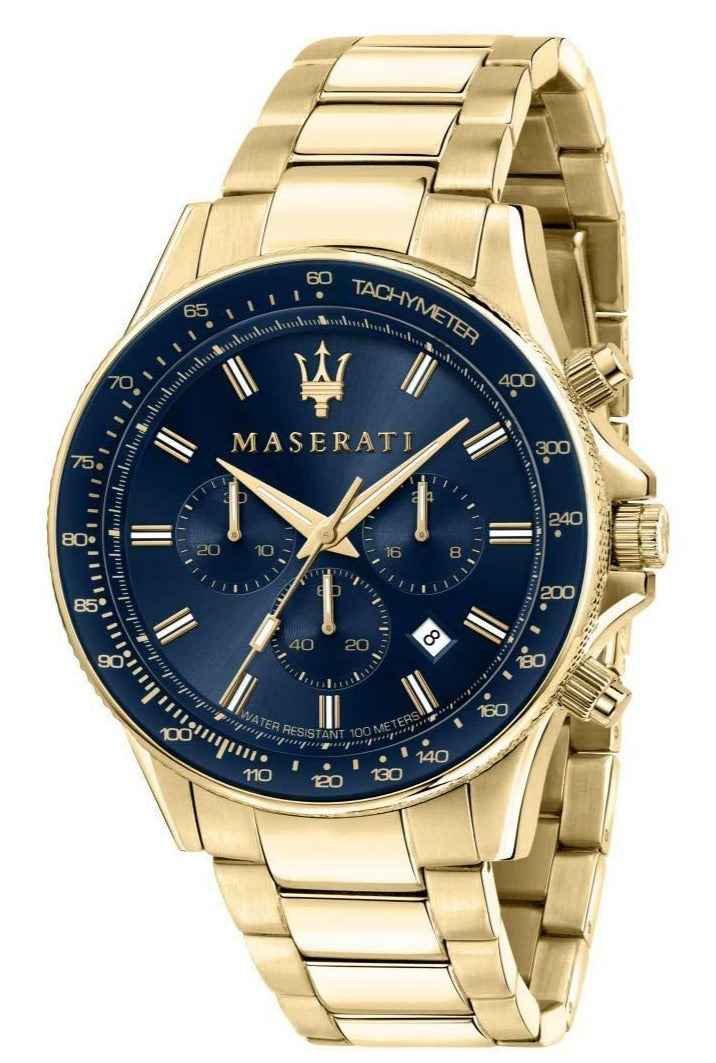 Maserati Sfida gold-tone chronograph watch with blue dial and tachymeter bezel