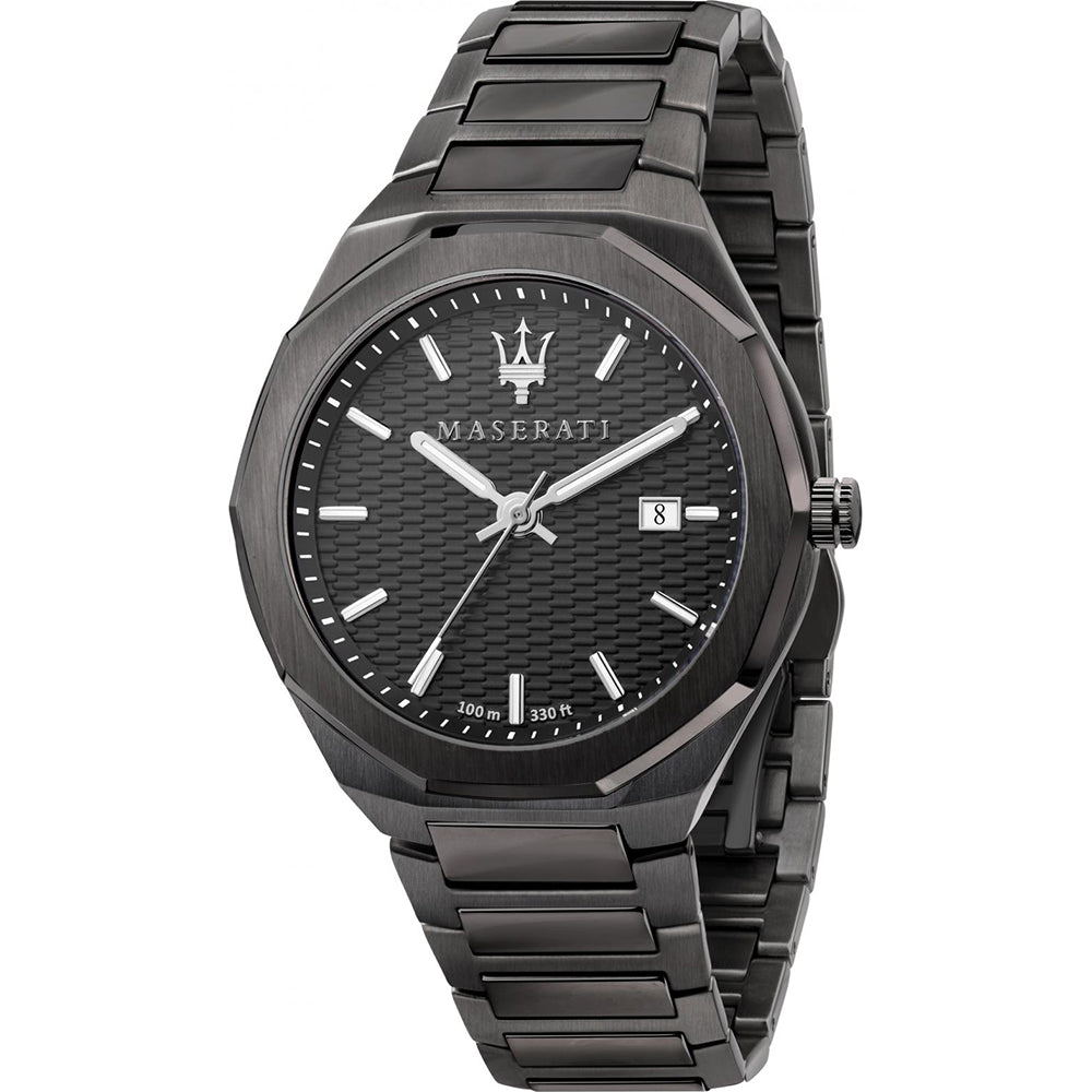 Maserati Stile men's watch with dark dial, white hour markers, and steel bracelet