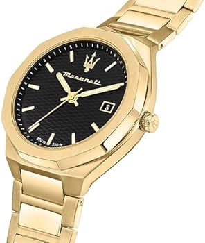 Maserati Stile gold watch angled view showing gold bracelet and black dial with date window