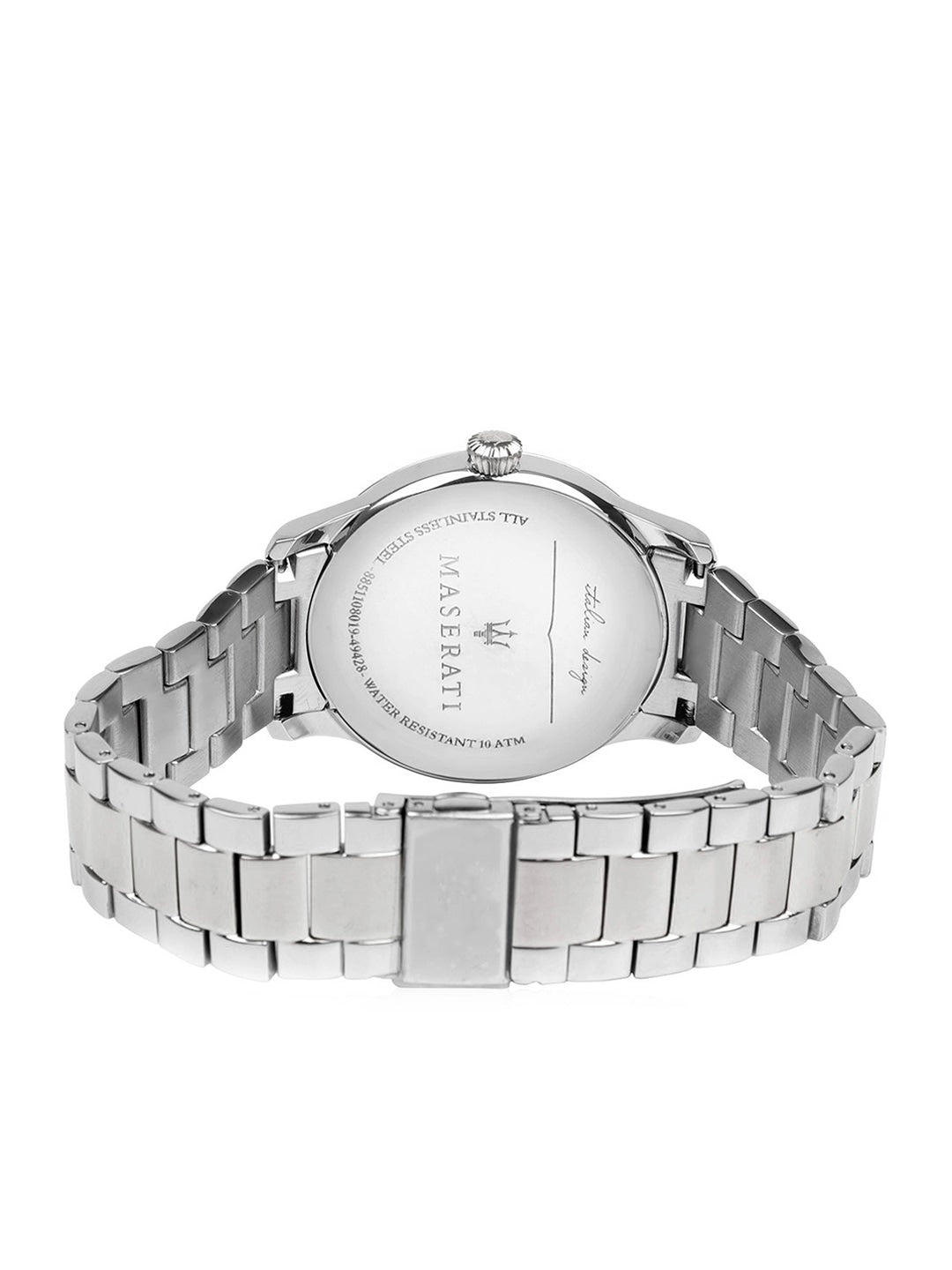 Maserati Tradizione caseback showing stainless steel bracelet and engraved case details