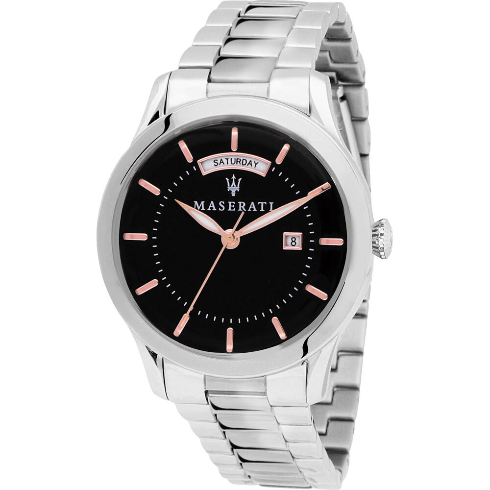 Maserati Tradizione men's watch with black dial, rose gold hands, and stainless steel bracelet