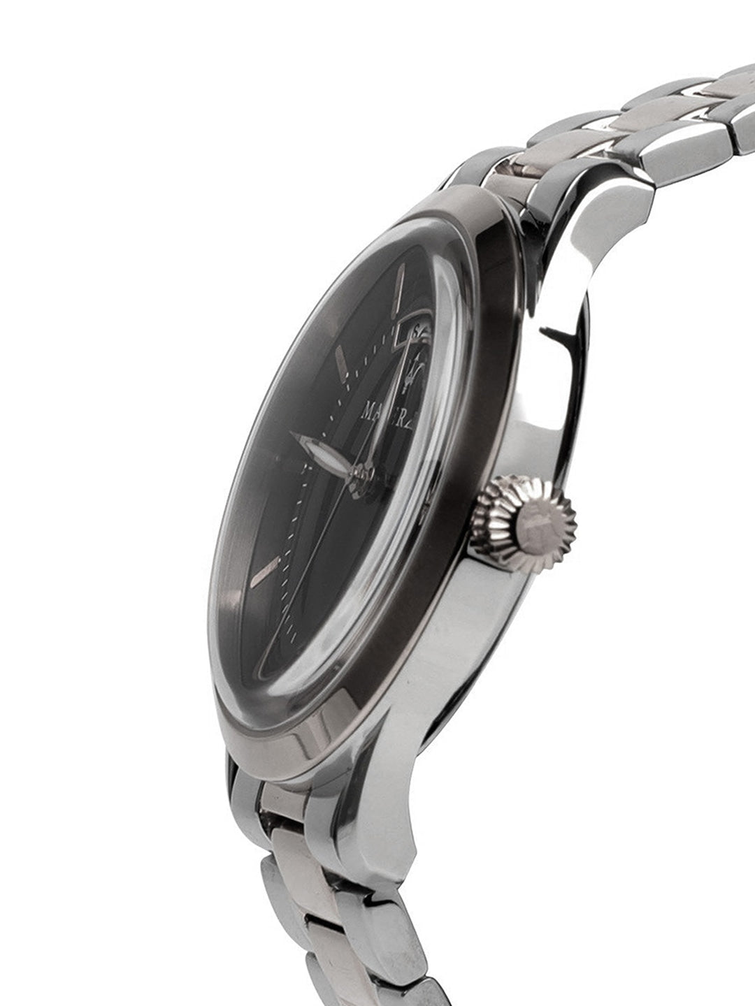 Side view of Maserati Tradizione watch showing black dial and silver stainless steel case profile