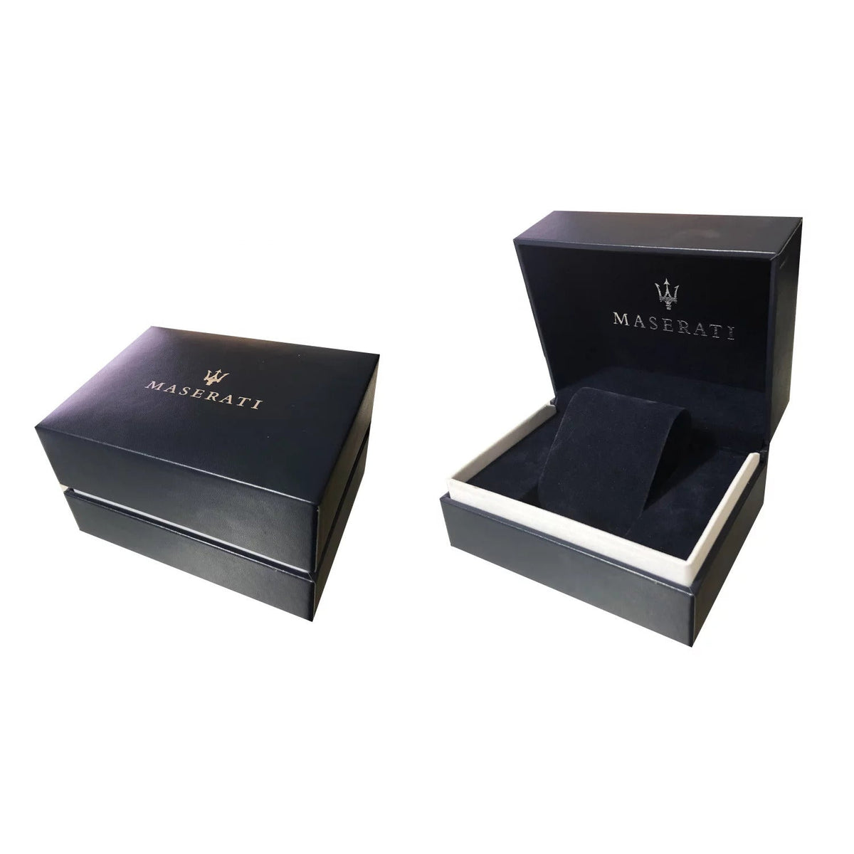 Maserati branded black presentation box and outer sleeve for watch packaging