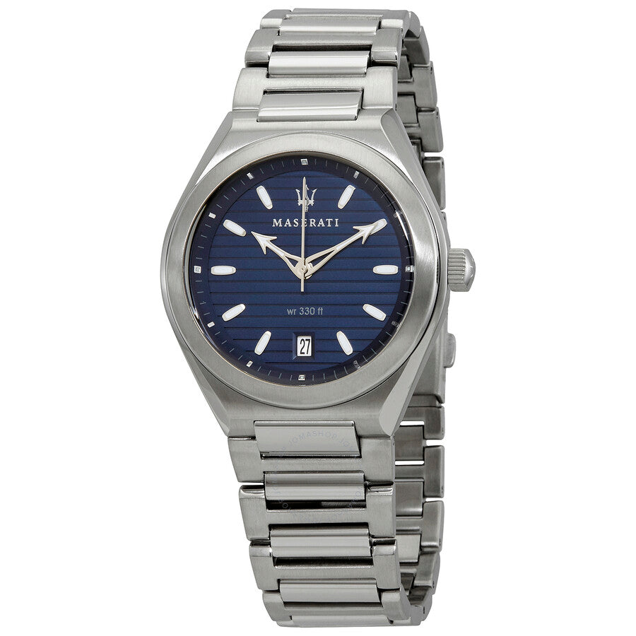 Maserati Triconic quartz watch with blue sunburst dial and stainless steel bracelet