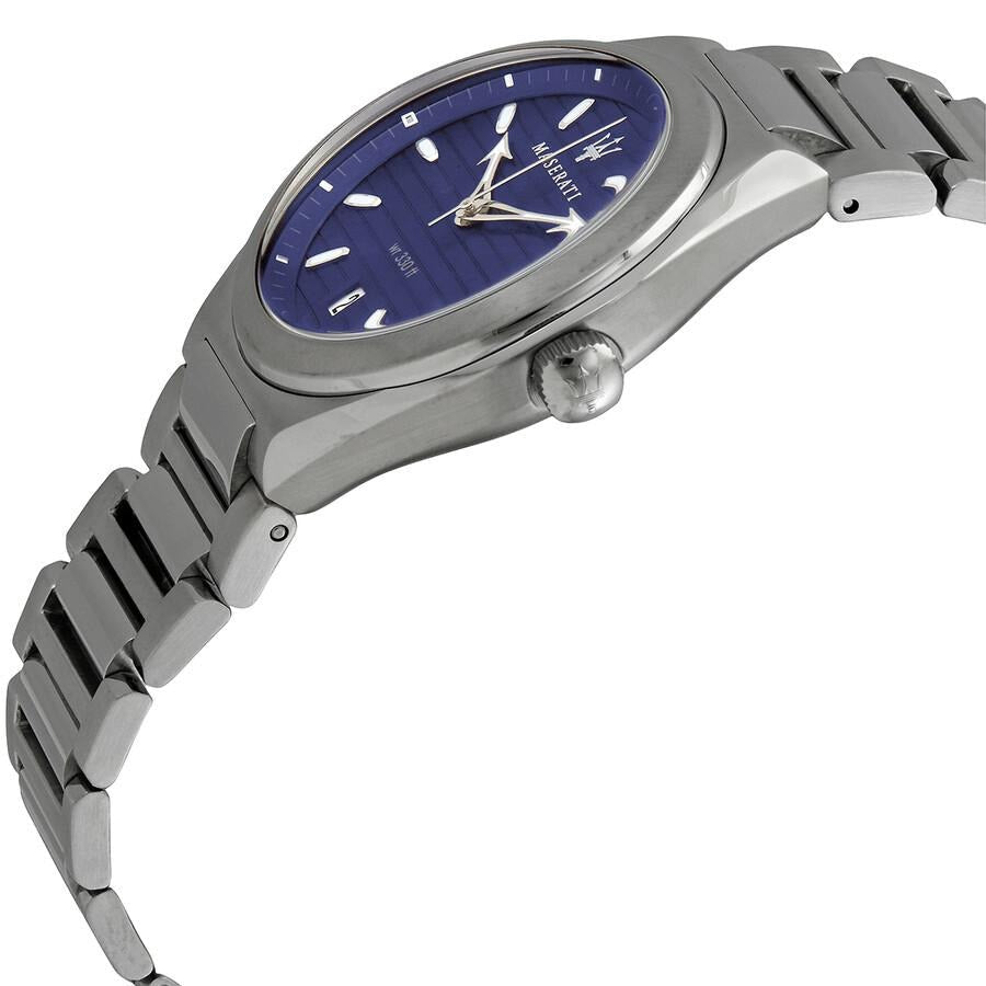 Maserati Triconic watch side view showing stainless steel case and bracelet