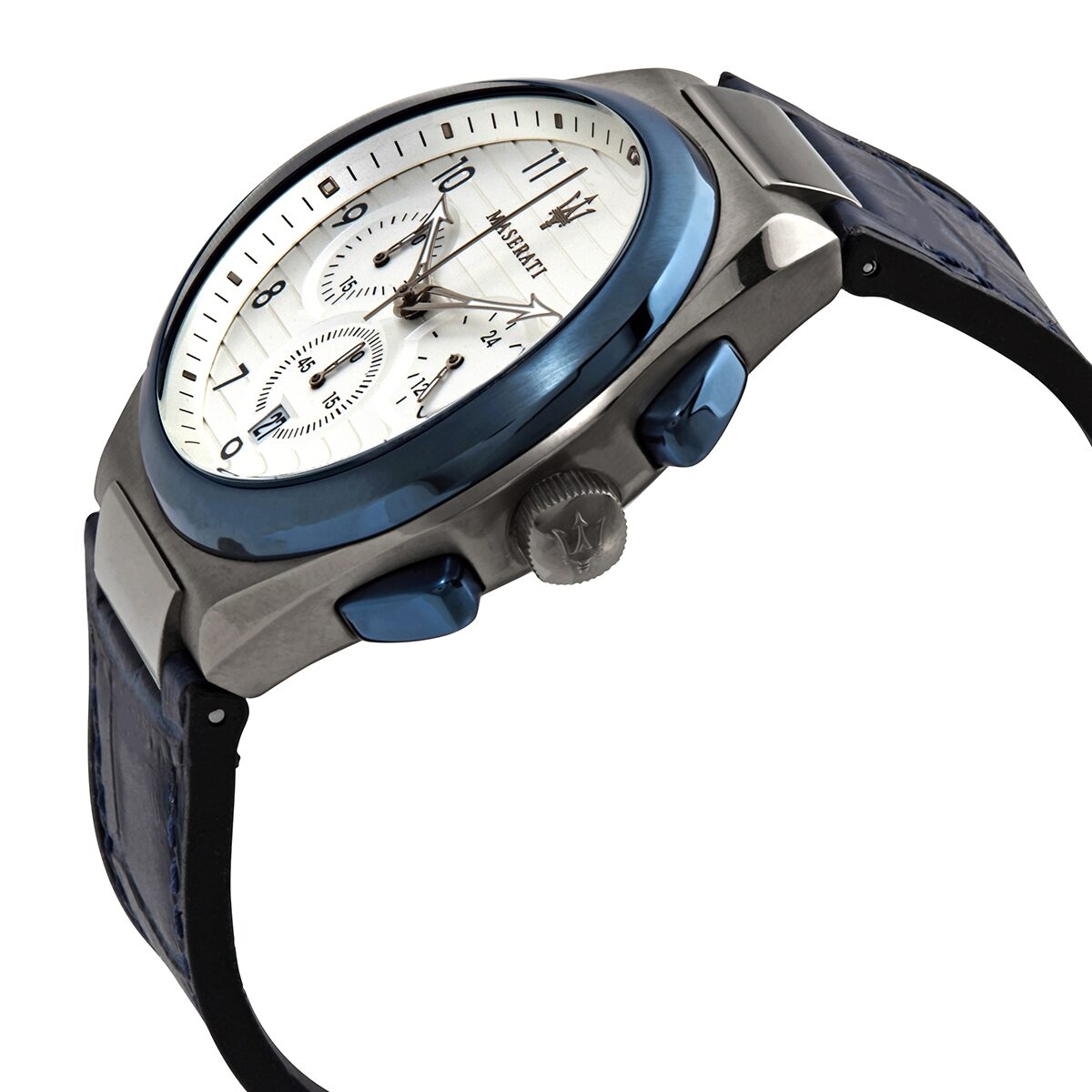 Angled side view of Maserati Triconic showing chronograph subdials and blue accents