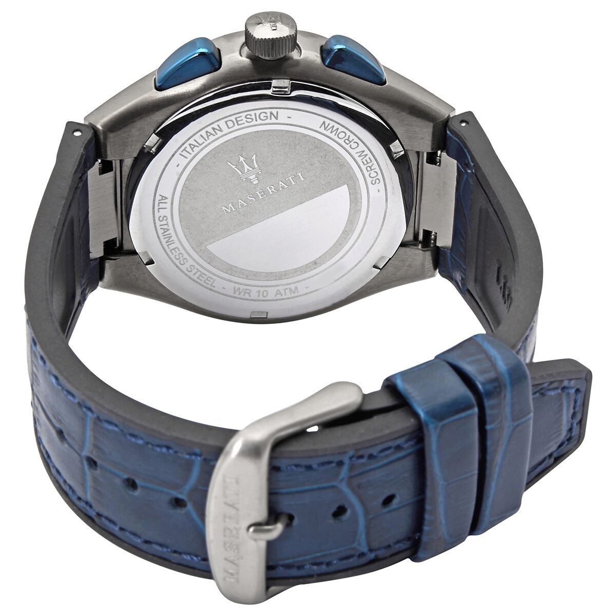Maserati Triconic caseback with blue leather strap and buckle clasp detail