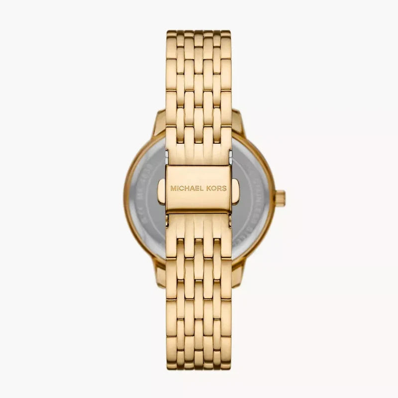 Back case view of Michael Kors Adrianna I watch showing MK logo on gold-tone caseback