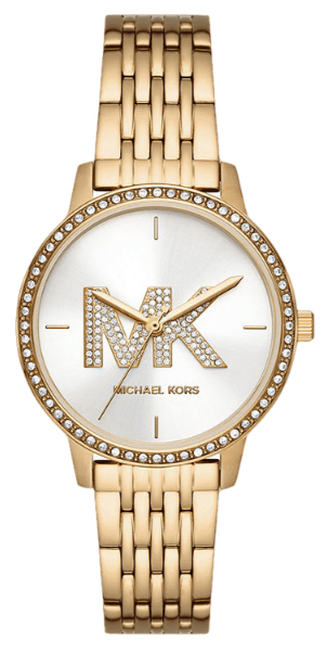 Michael Kors Adrianna I gold-tone women's watch with white dial, crystal bezel, and MK logo