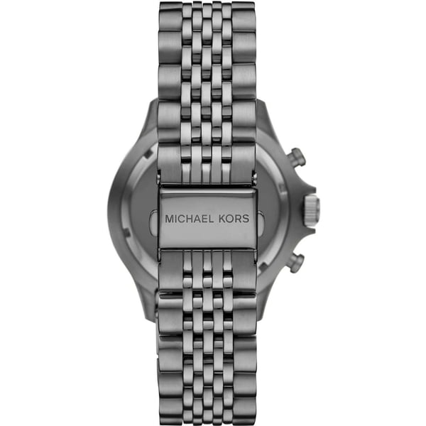 Michael Kors Bayville watch caseback showing stainless steel with engraved branding