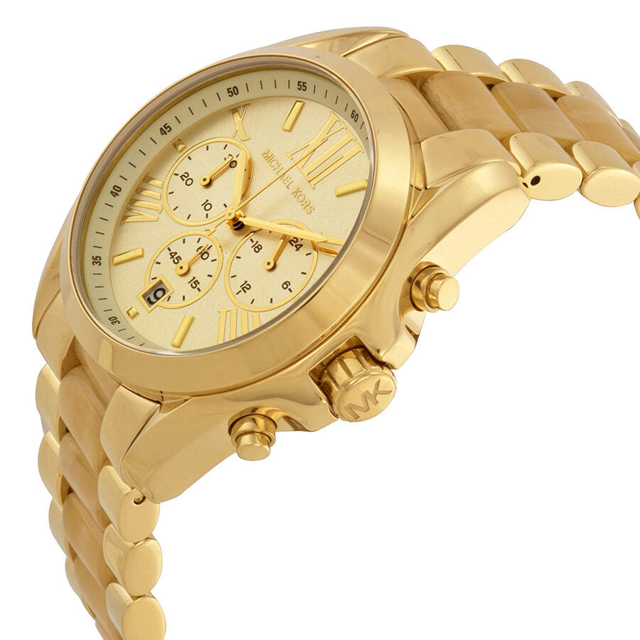Michael Kors Bradshaw chronograph watch angled view showing gold-tone case and bracelet with subdials