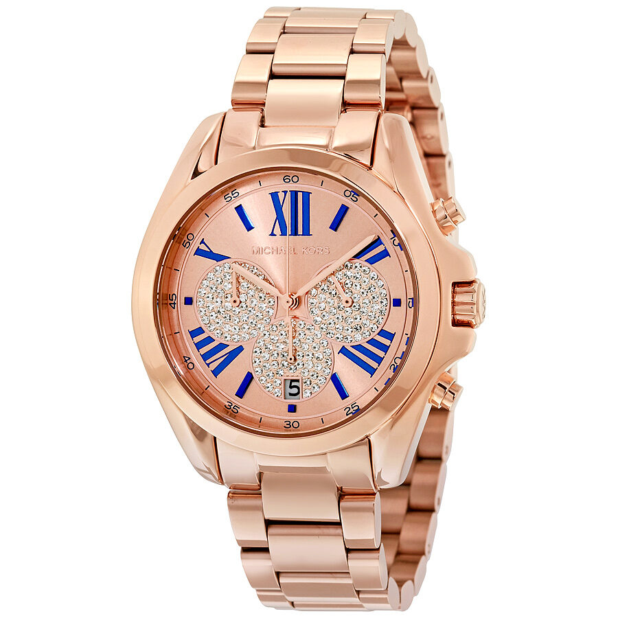 Michael Kors Bradshaw rose gold chronograph women's watch with sparkle dial and blue Roman numerals