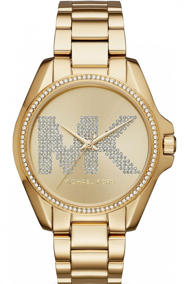 Michael Kors Bradshaw women's watch with gold-tone case, crystal bezel, and champagne dial with crystal MK logo