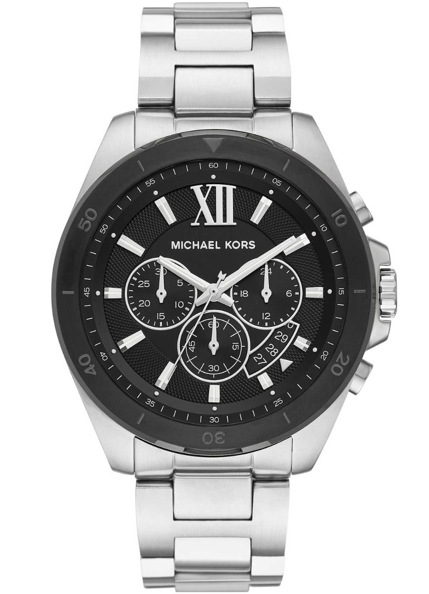 Michael Kors Brecken chronograph watch with black dial and silver stainless steel bracelet