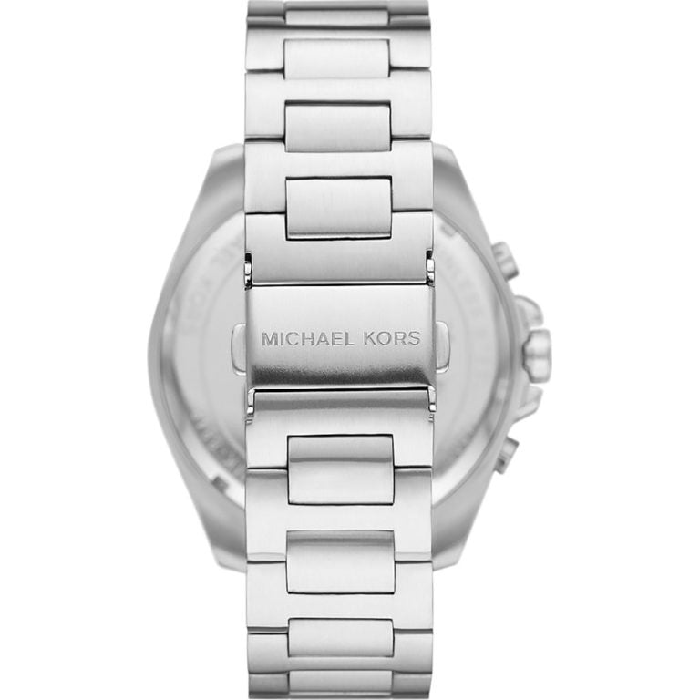 Michael Kors Brecken watch caseback showing silver stainless steel bracelet