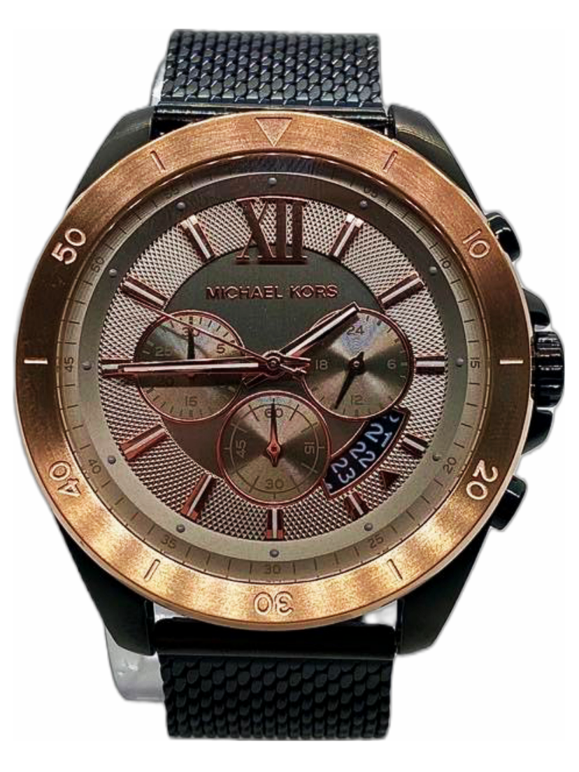Close-up of Brecken MK8868 grey dial with Roman numerals, chronograph sub-dials, and rose gold accents