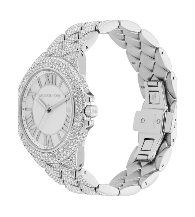 Michael Kors Camille Pavé watch with crystal-set silver bracelet and case shown from side angle