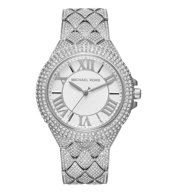 Michael Kors Camille Pavé silver women's watch with white dial and Roman numerals